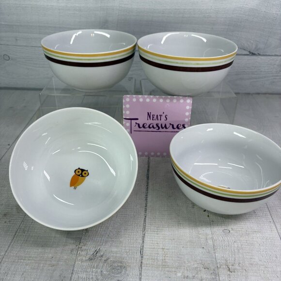 Rachael Ray LITTLE HOOT Autumn Stripe Owl Bands Porcelain Soup Cereal Bowl Set 4 - Picture 1 of 16